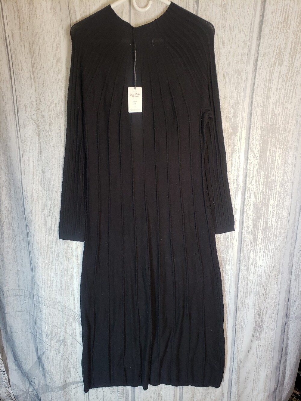Lucky Brand Sz L Solid Black Wide Ribbed Long Soft Sweater Dress Long Sleeve NWT